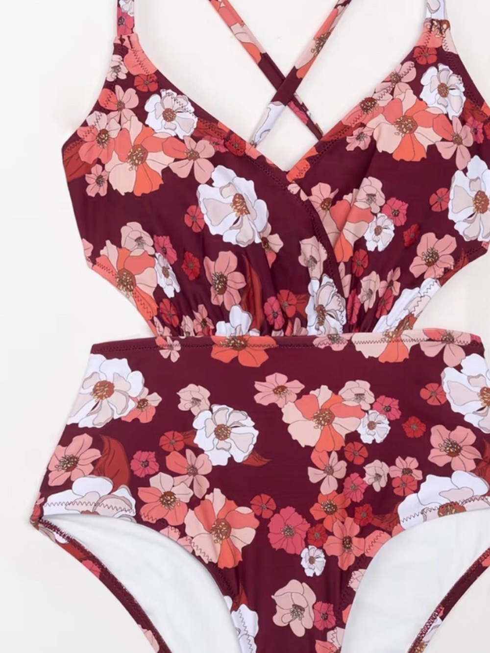 Cupshe Maroon Floral Crisscross One-Piece Swimsuit